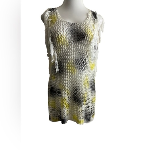 Beach Pool Coverup White Yellow & Black Mesh Sleeveless With Tassels - Picture 2 of 9